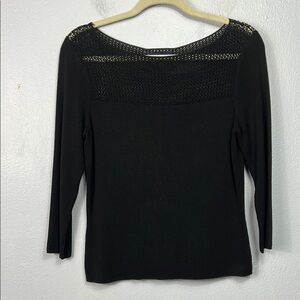 Ann Taylor Black Crochet Neckline 3/4 Sleeve Pullover Sweater Medium